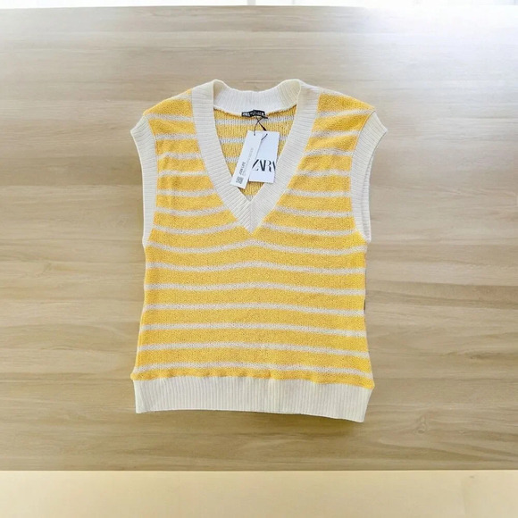 Zara Women Yellow Striped Vest Sleeveless V-Neck Pullover Sweater Size S - Picture 1 of 7